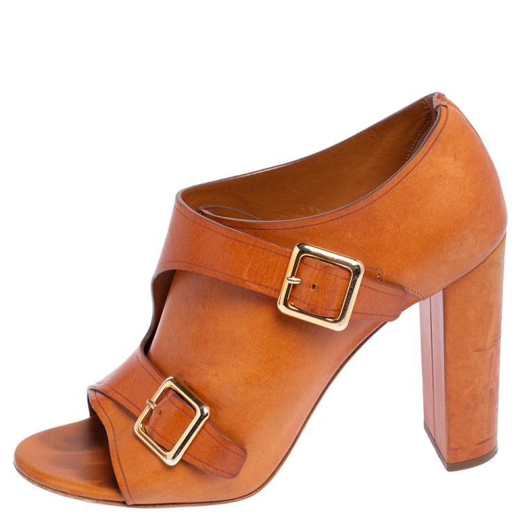 Pre Owned Chloe Brown Leather Buckle Open Toe Booties Size 39