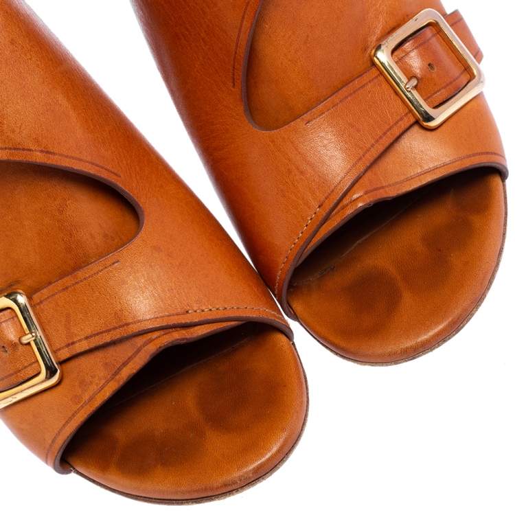 Pre Owned Chloe Brown Leather Buckle Open Toe Booties Size 39