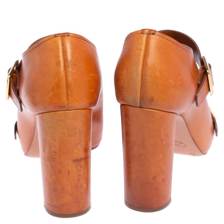 Pre Owned Chloe Brown Leather Buckle Open Toe Booties Size 39