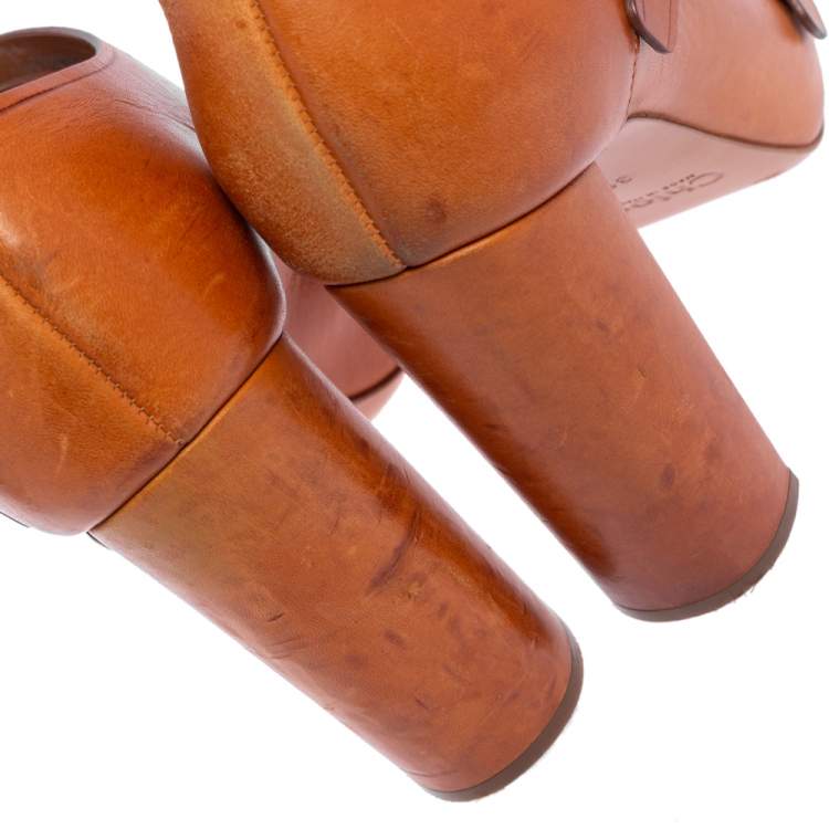 Pre Owned Chloe Brown Leather Buckle Open Toe Booties Size 39