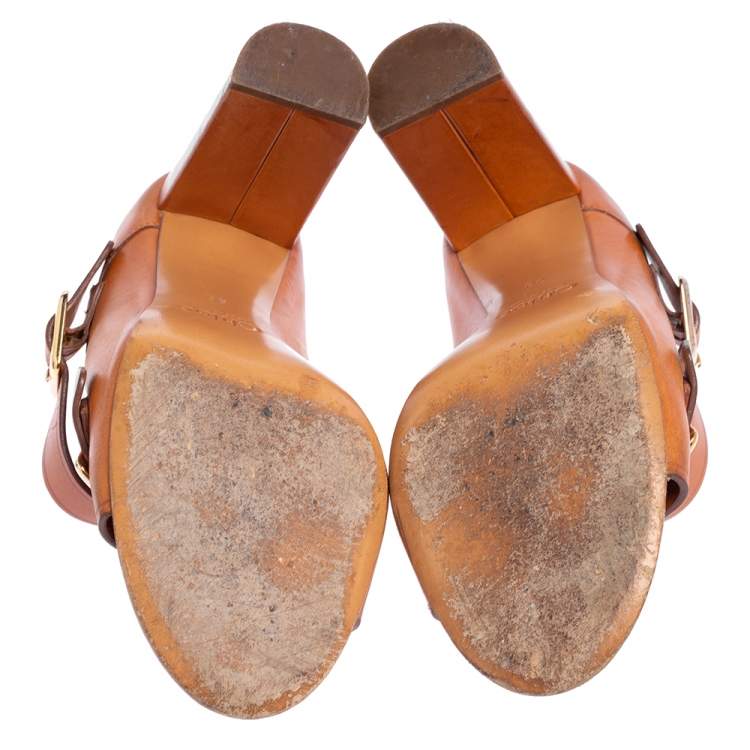 Pre Owned Chloe Brown Leather Buckle Open Toe Booties Size 39