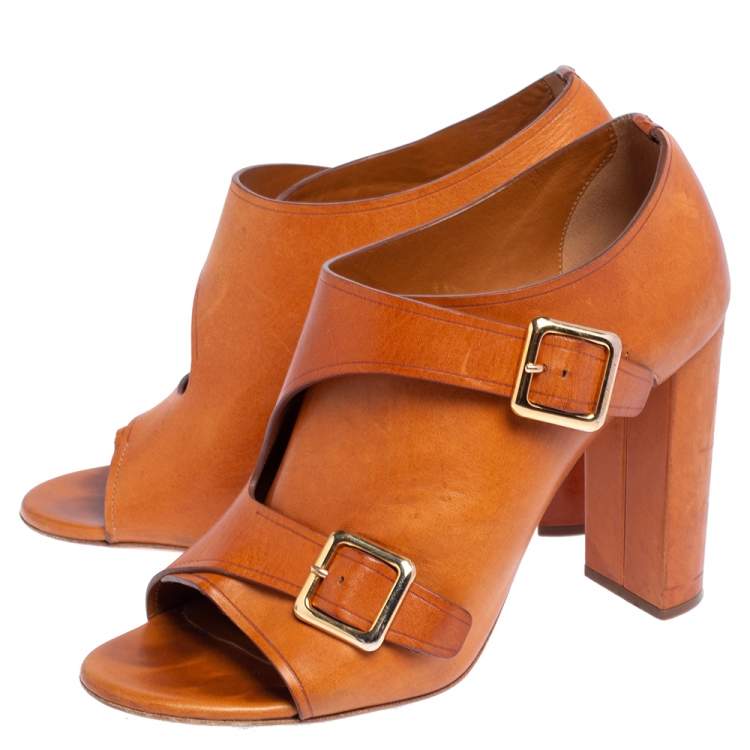 Pre Owned Chloe Brown Leather Buckle Open Toe Booties Size 39