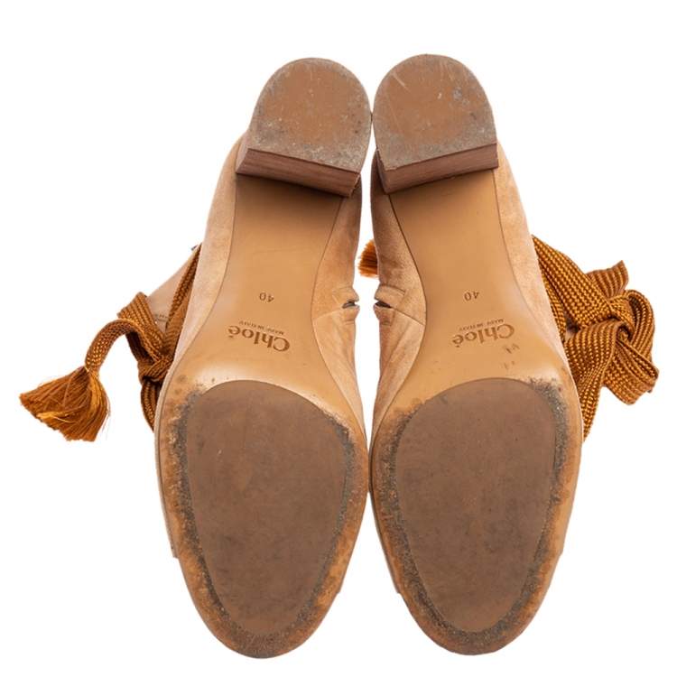 Pre Owned Chloe Beige Suede Peep Toe Block Heel Ankle Boots Size 40