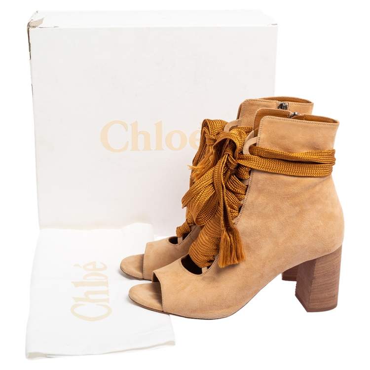 Pre Owned Chloe Beige Suede Peep Toe Block Heel Ankle Boots Size 40