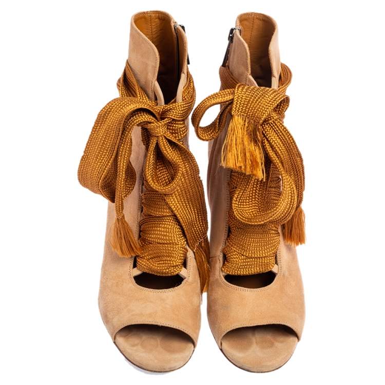 Pre Owned Chloe Beige Suede Peep Toe Block Heel Ankle Boots Size 40