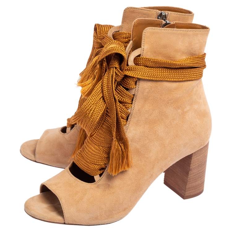 Pre Owned Chloe Beige Suede Peep Toe Block Heel Ankle Boots Size 40