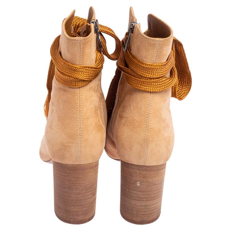 Pre Owned Chloe Beige Suede Peep Toe Block Heel Ankle Boots Size 40