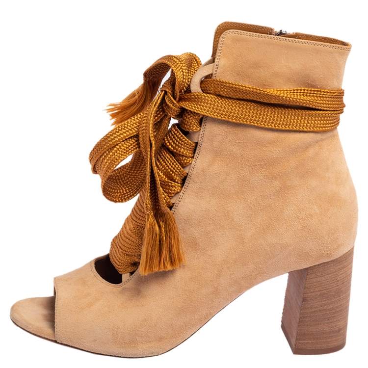 Pre Owned Chloe Beige Suede Peep Toe Block Heel Ankle Boots Size 40