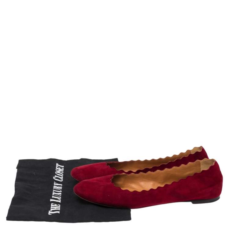 Pre Owned Chloe Red Suede Lauren Scalloped Ballet Flats Size 39.5