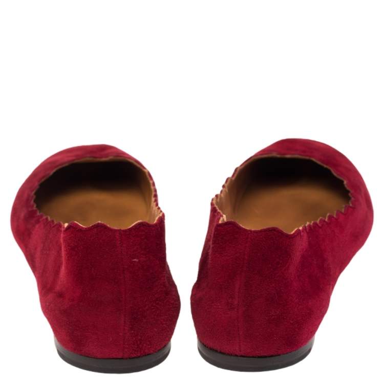 Pre Owned Chloe Red Suede Lauren Scalloped Ballet Flats Size 39.5