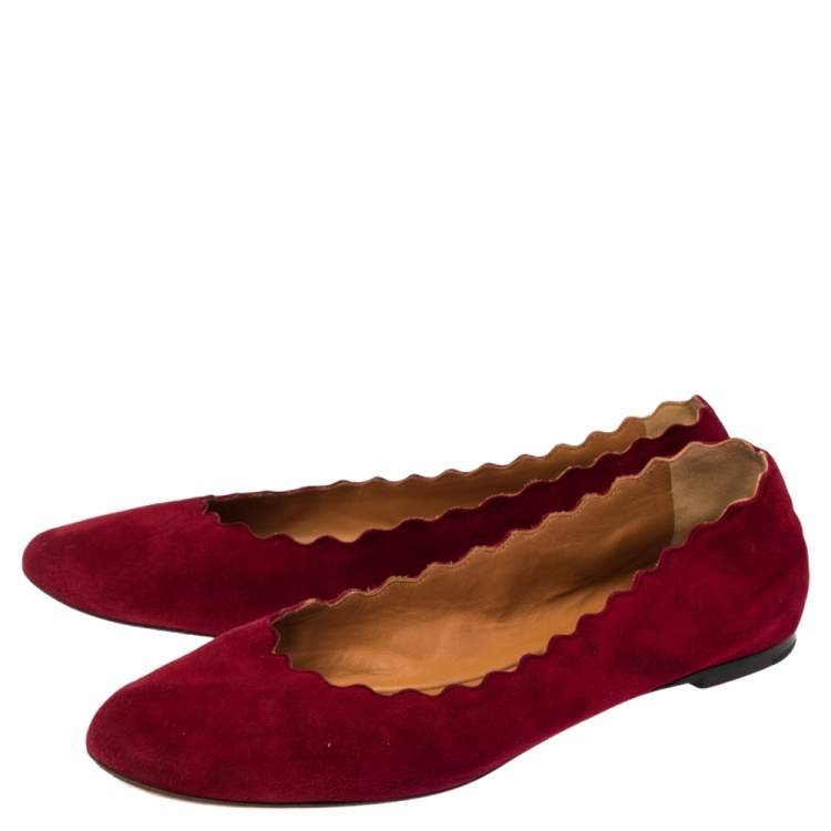 Pre Owned Chloe Red Suede Lauren Scalloped Ballet Flats Size 39.5