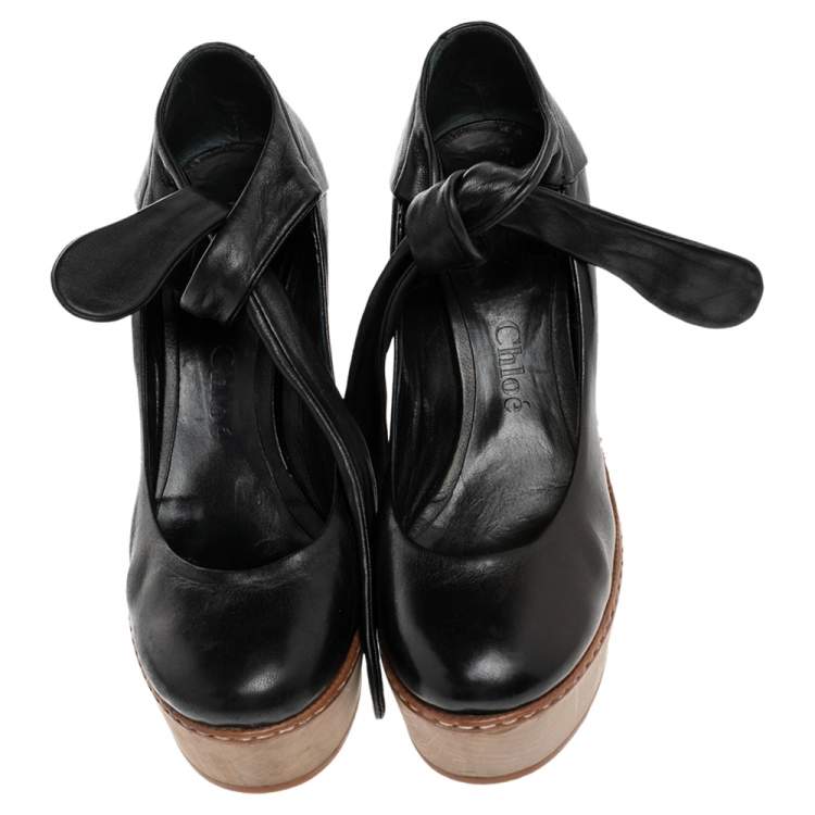 Pre Owned Chloe Black Leather Wedge Platform Ankle Wrap Sandals Size 37