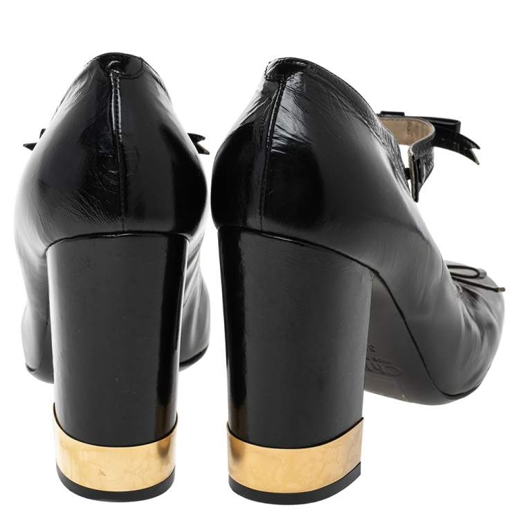 Pre Owned Chloe Black Leather Mary Jane Bow Block Heel Pumps Size 38.5 