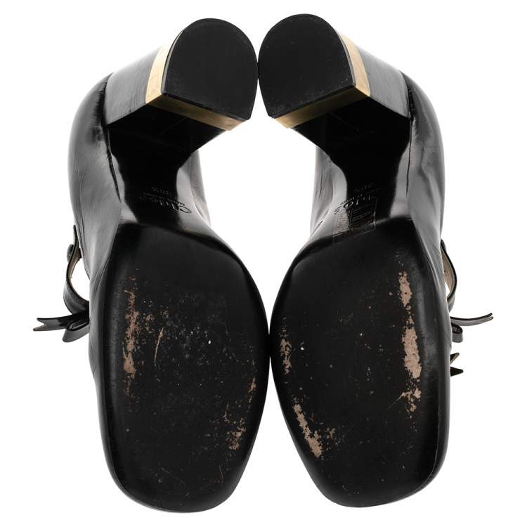 Pre Owned Chloe Black Leather Mary Jane Bow Block Heel Pumps Size 38.5 