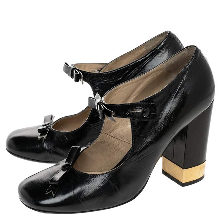 Pre Owned Chloe Black Leather Mary Jane Bow Block Heel Pumps Size 38.5 