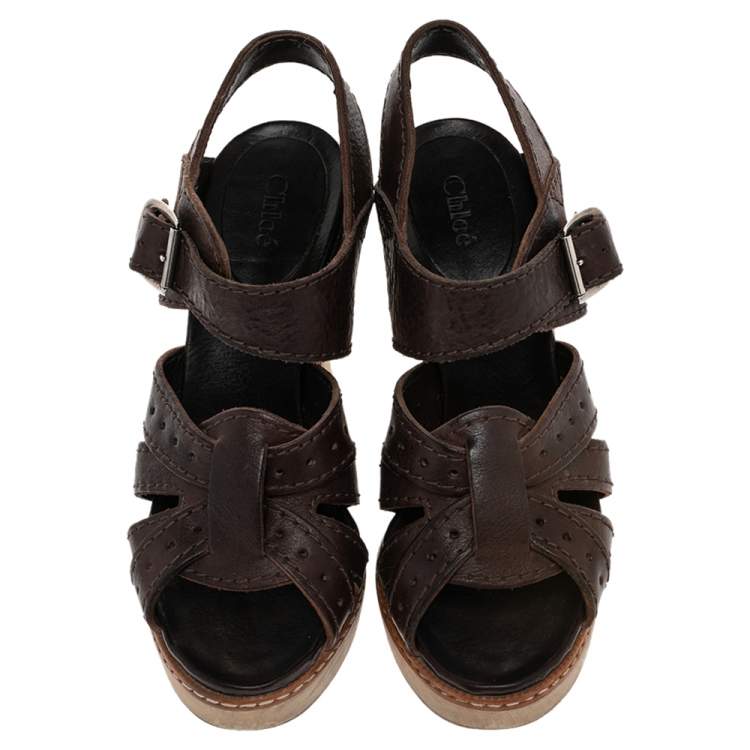 Pre Owned Chloe Brown Leather Open Toe Platform Ankle Strap Sandals Size 38