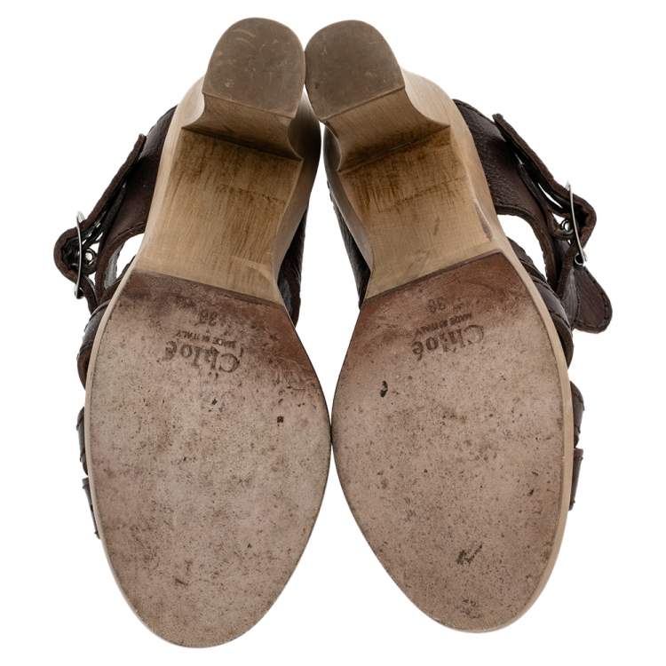 Pre Owned Chloe Brown Leather Open Toe Platform Ankle Strap Sandals Size 38