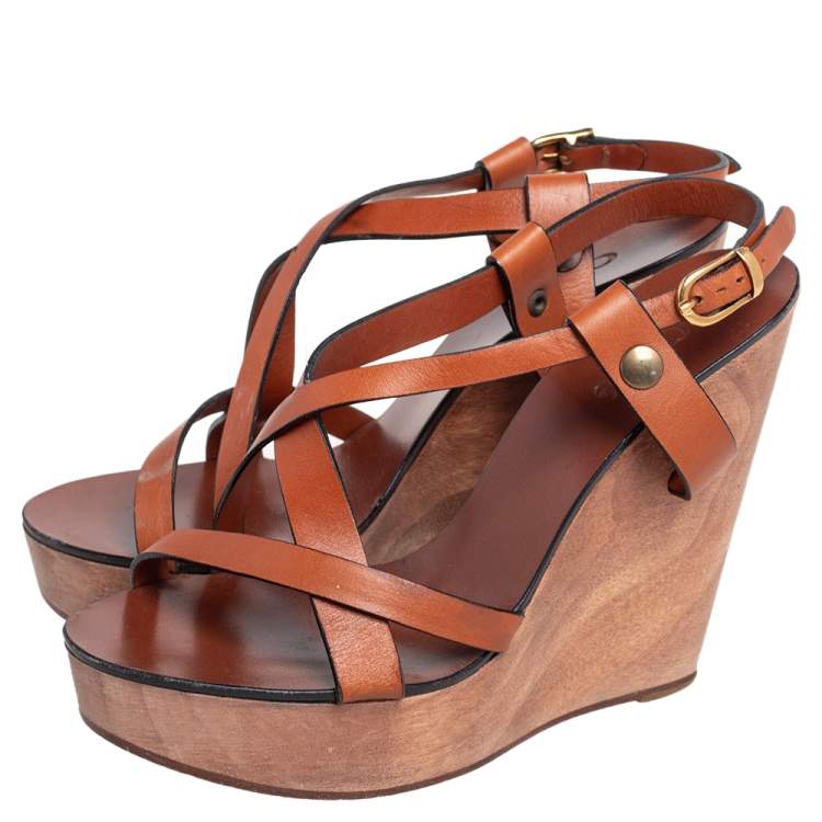 Pre Owned Chloe Brown Leather Ankle Strap  Wedge Platform Sandals Size 36