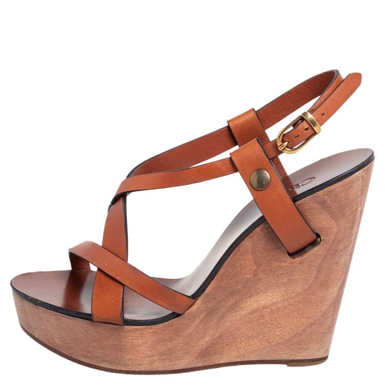 Pre Owned Chloe Brown Leather Ankle Strap  Wedge Platform Sandals Size 36