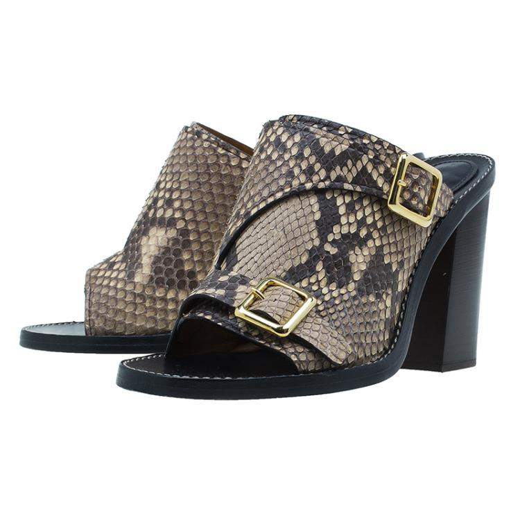 مملوكة مسبقًا Chloe Brown Python Buckle Mules Size 39