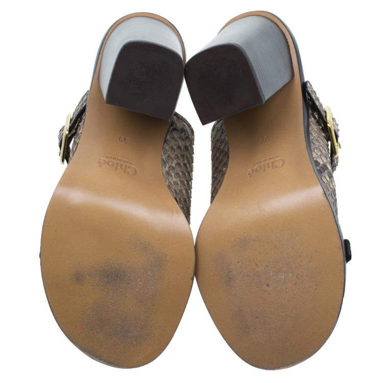 مملوكة مسبقًا Chloe Brown Python Buckle Mules Size 39