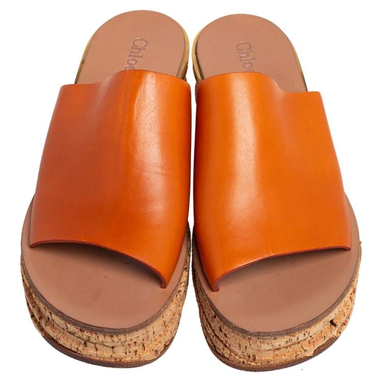 Pre Owned Chloe Tan Leather Cork Platform Slide Sandals Size 38