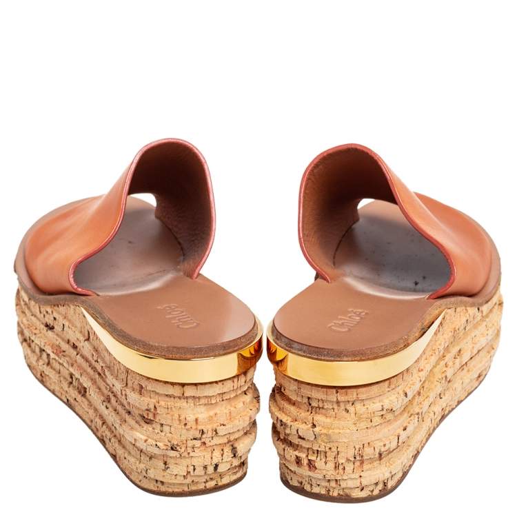 Pre Owned Chloe Tan Leather Cork Platform Slide Sandals Size 38