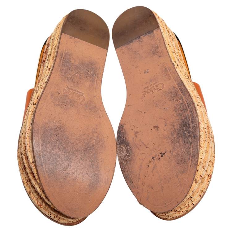 Pre Owned Chloe Tan Leather Cork Platform Slide Sandals Size 38