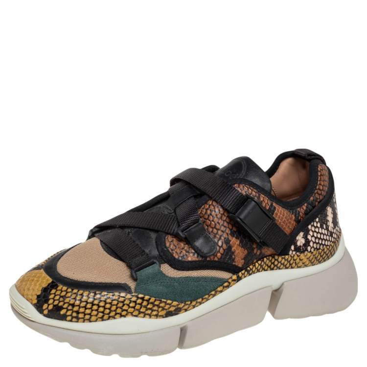 Pre Owned Chloe Multicolor Python Embossed Leather  Sonnie Sneakers Size 38