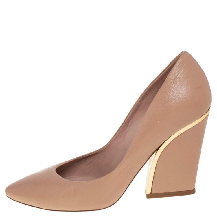Pre Owned Chloe Beige Leather Beckie  Block Heel  Pumps Size 38