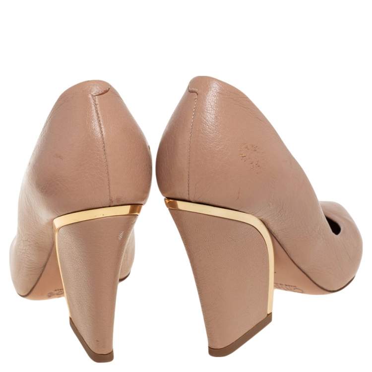Pre Owned Chloe Beige Leather Beckie  Block Heel  Pumps Size 38