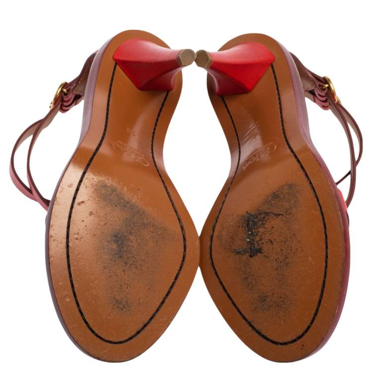 مملوكة مسبقًا Chloe Red Leather Double Ankle Strap Niko Sandals Size 36