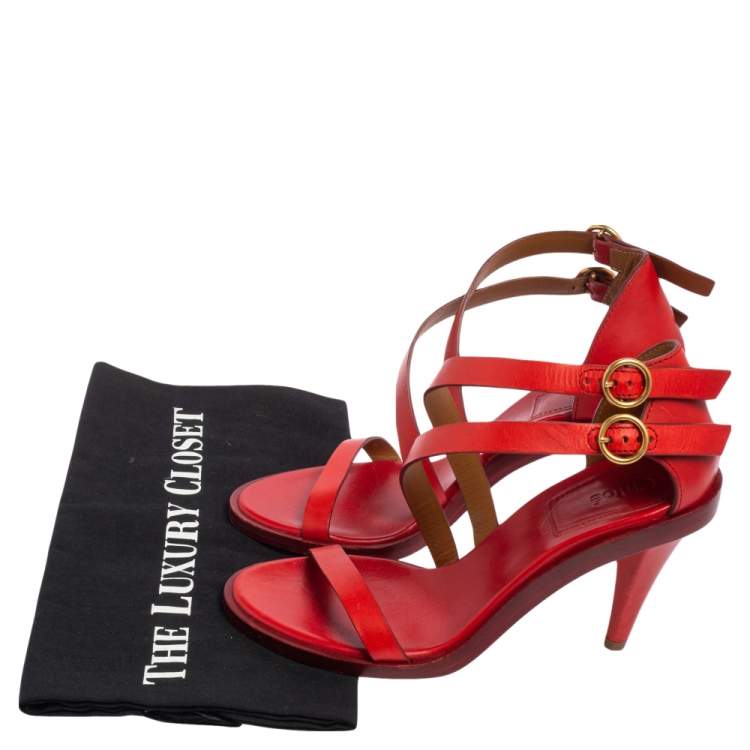 مملوكة مسبقًا Chloe Red Leather Double Ankle Strap Niko Sandals Size 36