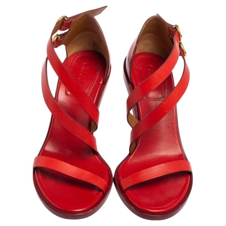 مملوكة مسبقًا Chloe Red Leather Double Ankle Strap Niko Sandals Size 36