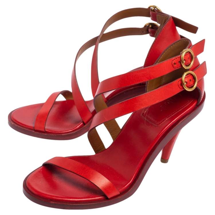 مملوكة مسبقًا Chloe Red Leather Double Ankle Strap Niko Sandals Size 36