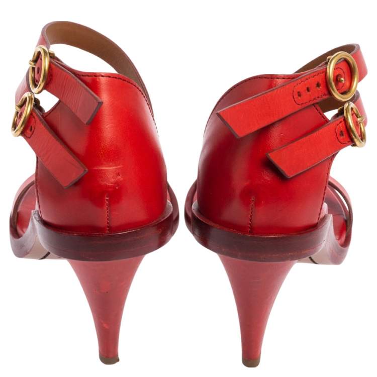 مملوكة مسبقًا Chloe Red Leather Double Ankle Strap Niko Sandals Size 36