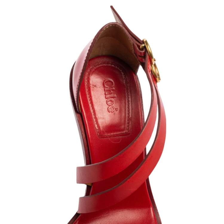 مملوكة مسبقًا Chloe Red Leather Double Ankle Strap Niko Sandals Size 36