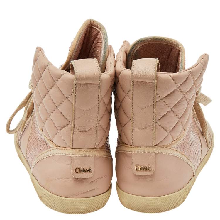 Pre Owned Chloe Pink Quilted Leather And Python High Top Sneakers Size 38
