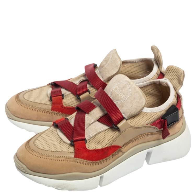 Pre Owned Chloe Beige/Maroon Mesh and Suede Sonnie Sneakers Size 37