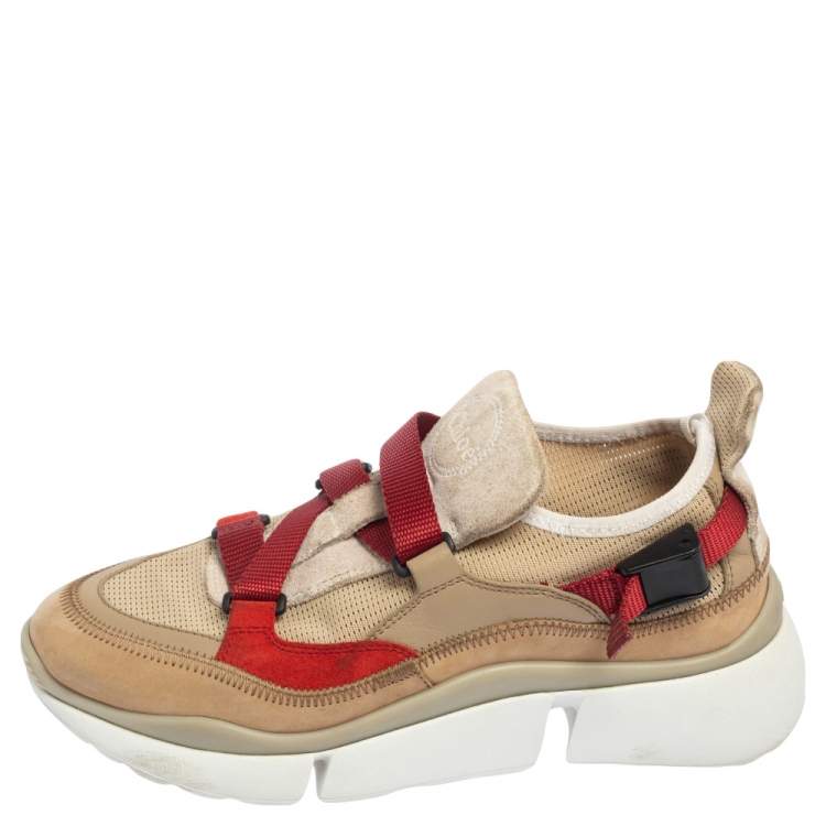 Pre Owned Chloe Beige/Maroon Mesh and Suede Sonnie Sneakers Size 37