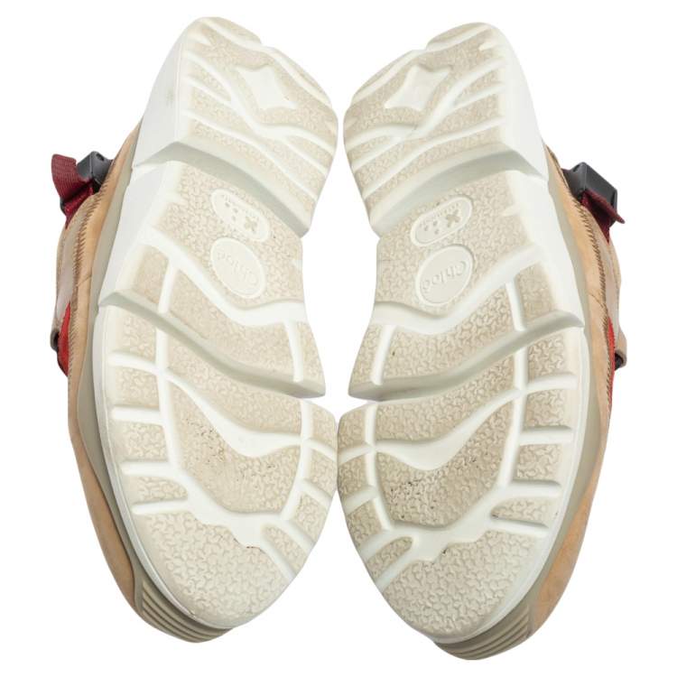 Pre Owned Chloe Beige/Maroon Mesh and Suede Sonnie Sneakers Size 37