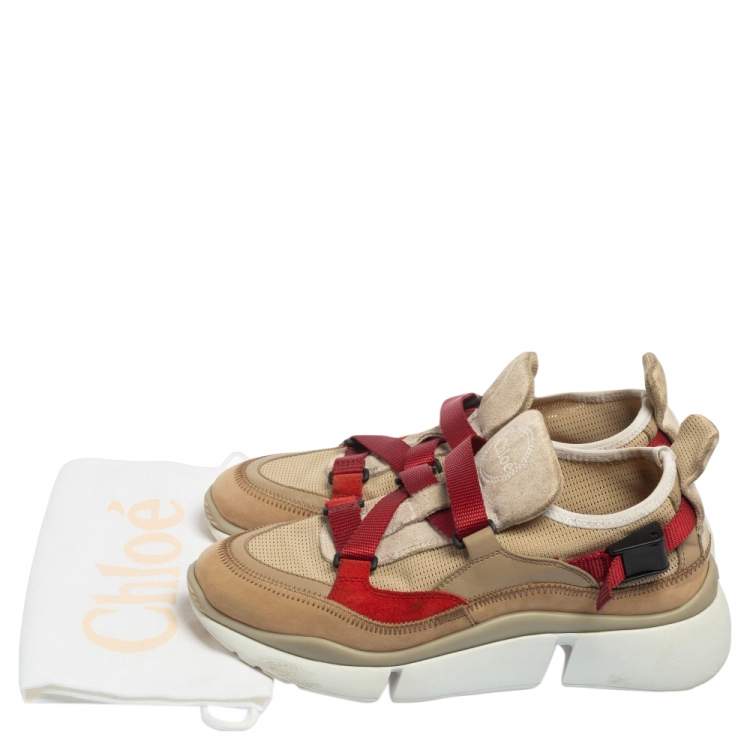 Pre Owned Chloe Beige/Maroon Mesh and Suede Sonnie Sneakers Size 37