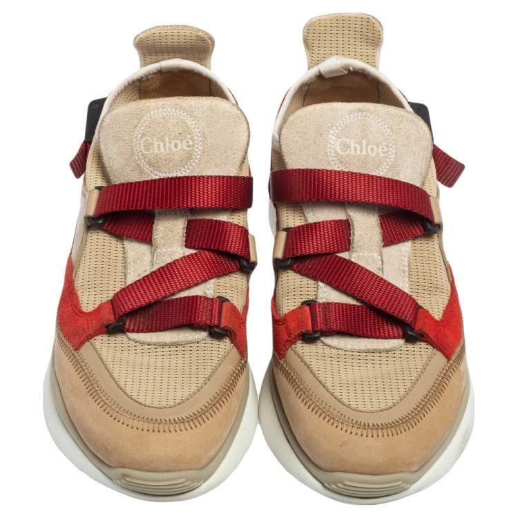 Pre Owned Chloe Beige/Maroon Mesh and Suede Sonnie Sneakers Size 37