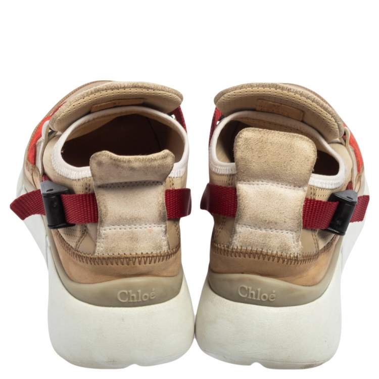Pre Owned Chloe Beige/Maroon Mesh and Suede Sonnie Sneakers Size 37