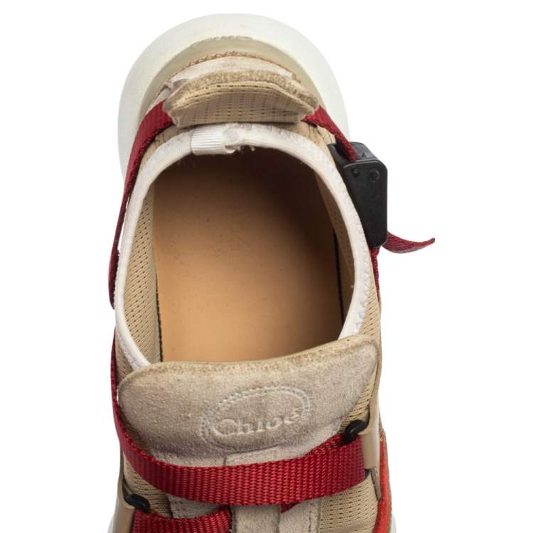 Pre Owned Chloe Beige/Maroon Mesh and Suede Sonnie Sneakers Size 37