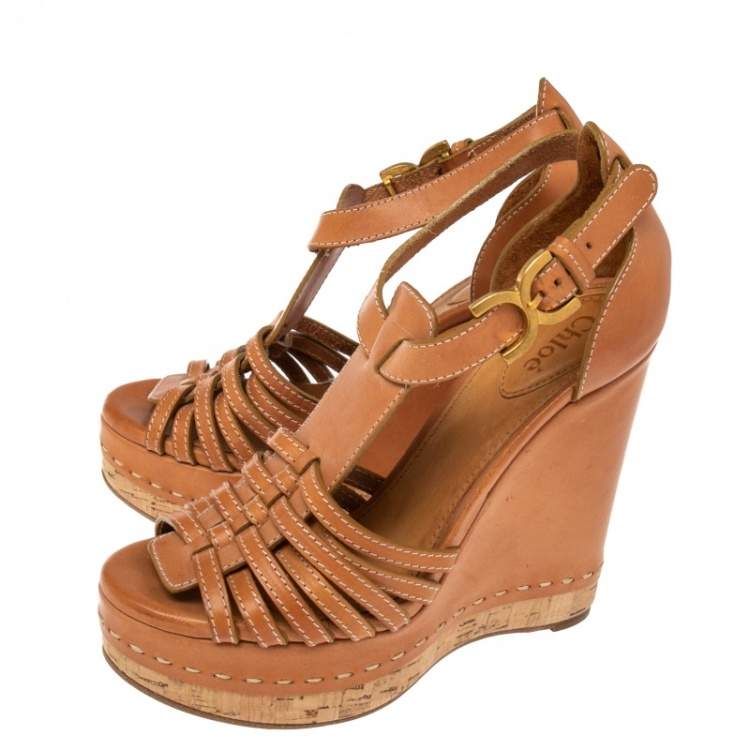 Pre Owned Chloe Tan Leather Double C Buckle T Strap Cork Wedge Platform Sandals Size 37