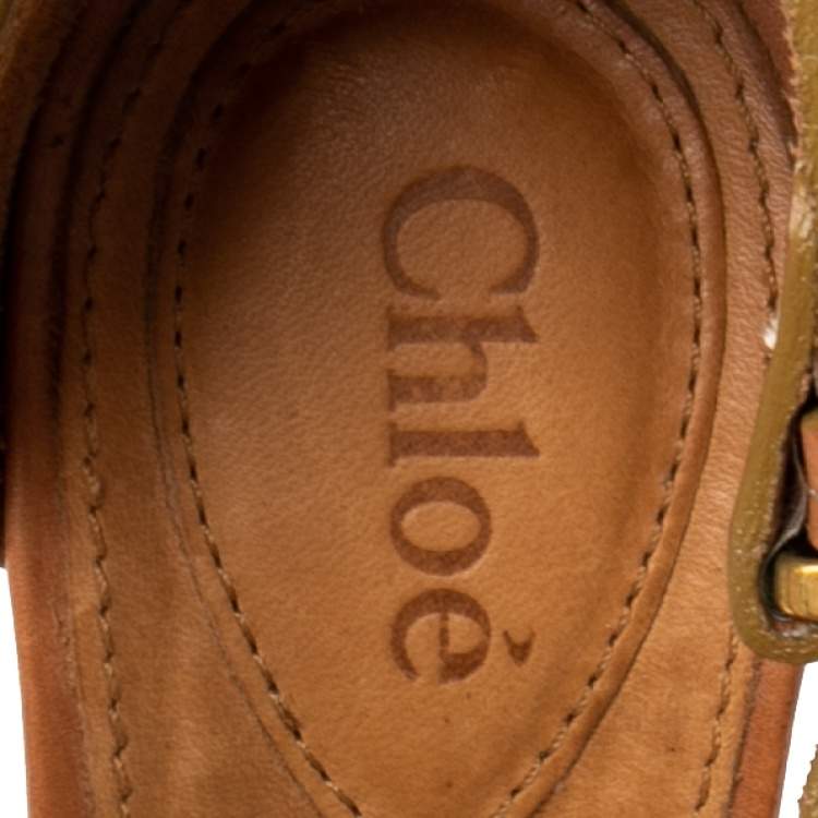 Pre Owned Chloe Tan Leather Double C Buckle T Strap Cork Wedge Platform Sandals Size 37