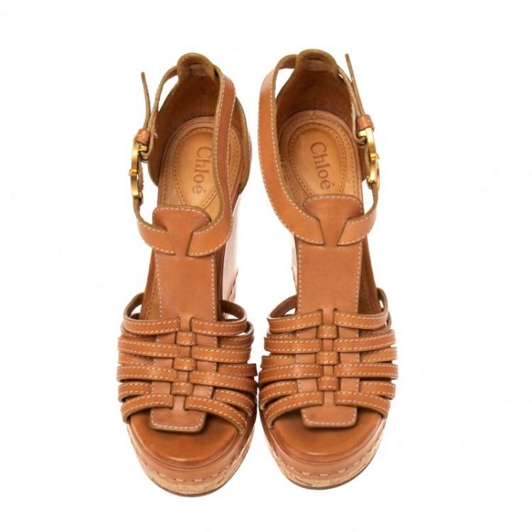 Pre Owned Chloe Tan Leather Double C Buckle T Strap Cork Wedge Platform Sandals Size 37