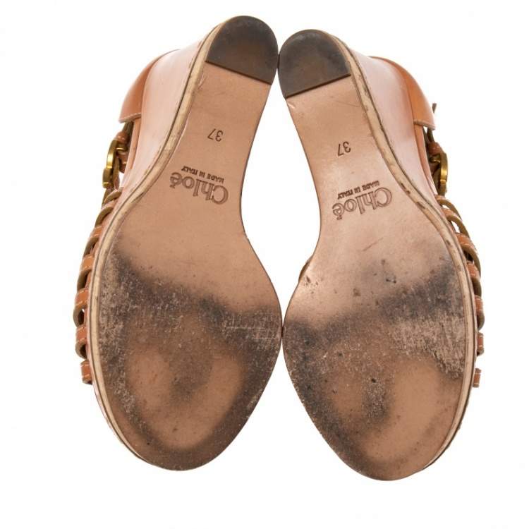 Pre Owned Chloe Tan Leather Double C Buckle T Strap Cork Wedge Platform Sandals Size 37