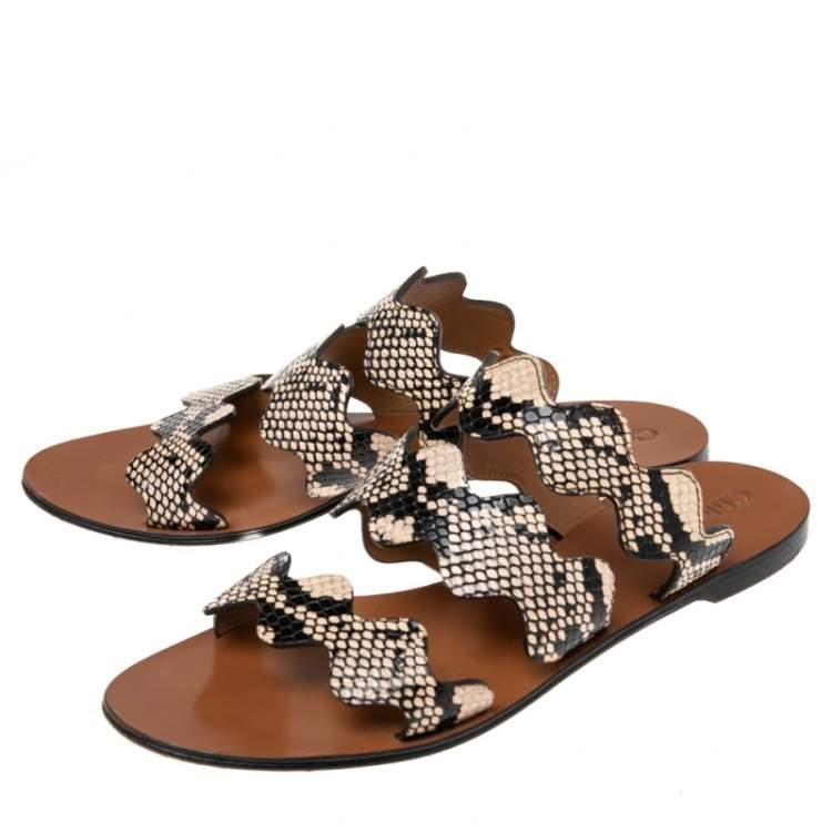 Pre Owned Chloe Two Tone Python Embossed Leather Lauren Strappy Flat Sandals Size 39